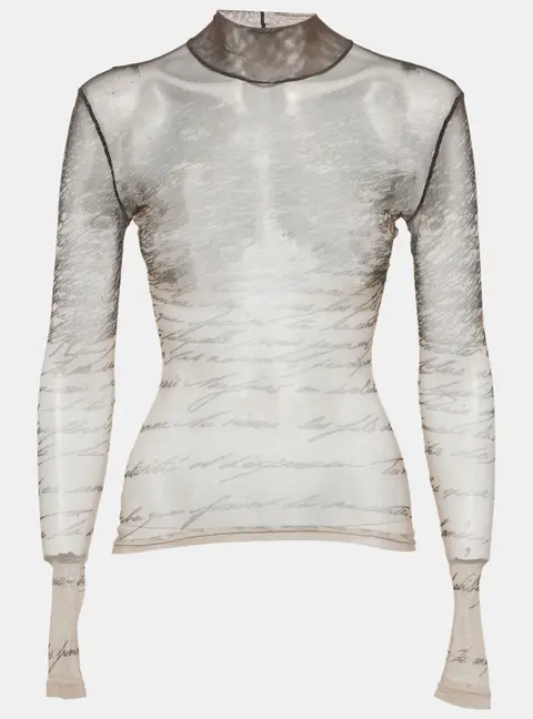 Balmain Beige Love Letter-Print Stretch Mesh Sheer Top S