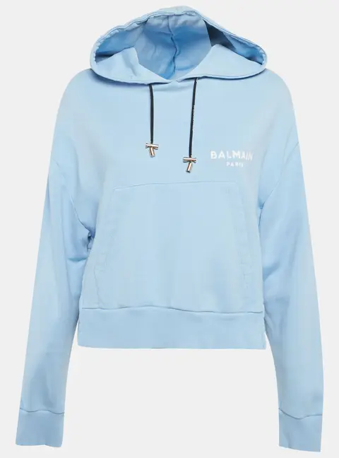 Balmain Blue Logo Print Cotton Hooded Sweatshirt L