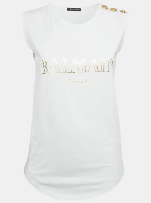 Balmain White Logo Print Jersey Sleeveless T-Shirt S