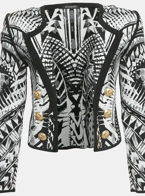 Balmain Monochrome Folkloric Patterned Jacquard Open Front Blazer M