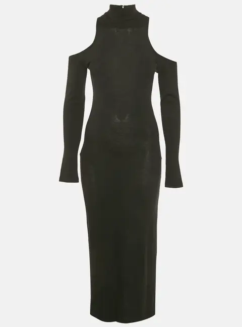 Balmain Black Wool Knit Cold-Shoulder Maxi Dress M
