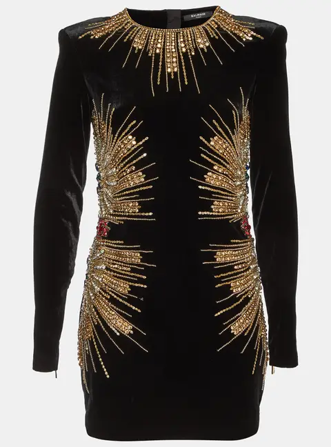 Balmain Black Velvet Embellished Mini Dress M