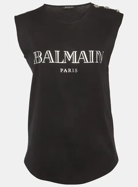 Balmain Black Logo Print Jersey Tank Top M