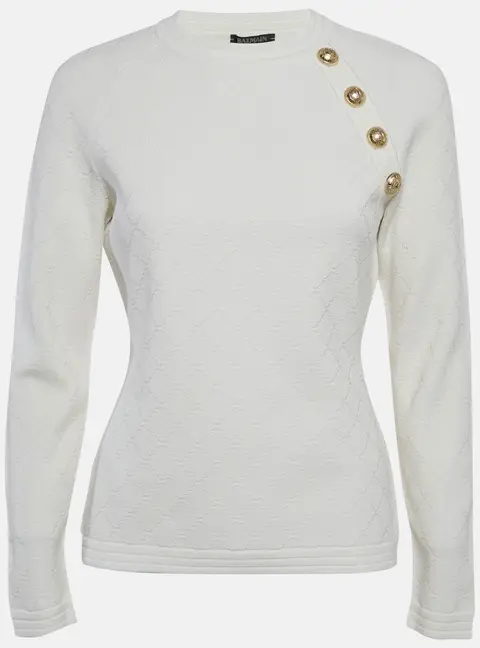 Balmain White Textured Knit Pullover L