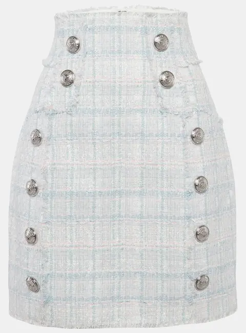 Balmain Sky Blue/Pink Tweed Button Detail High-Waist Skirt M