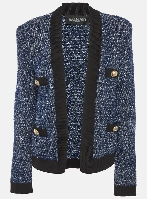 Balmain Blue Tweed Open Front Cardigan L