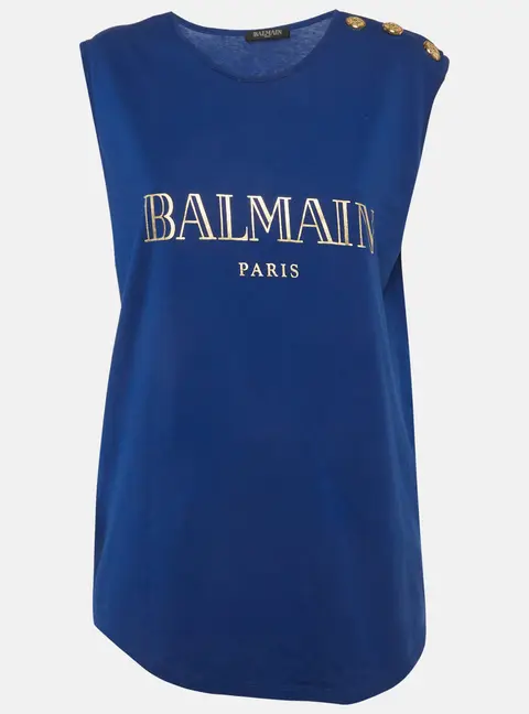 Balmain Blue Logo Print Cotton Shoulder Button Detail Top L