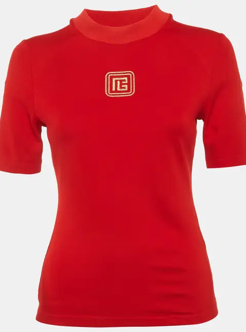Balmain Red Logo Embroidered Jersey Top M