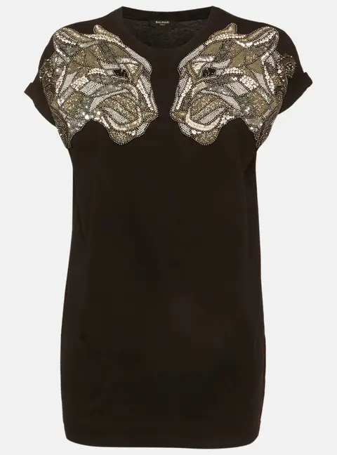 Balmain Black Jersey Embellished Signature Tiger T-Shirt XS