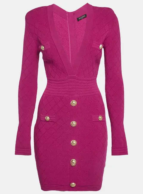 Balmain Fuchsia Pink Jacquard Knit Button Detail Mini Dress S