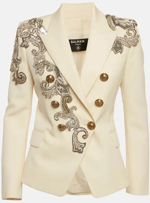 Balmain Cream Gabardine Embellished Double Breasted Blazer S