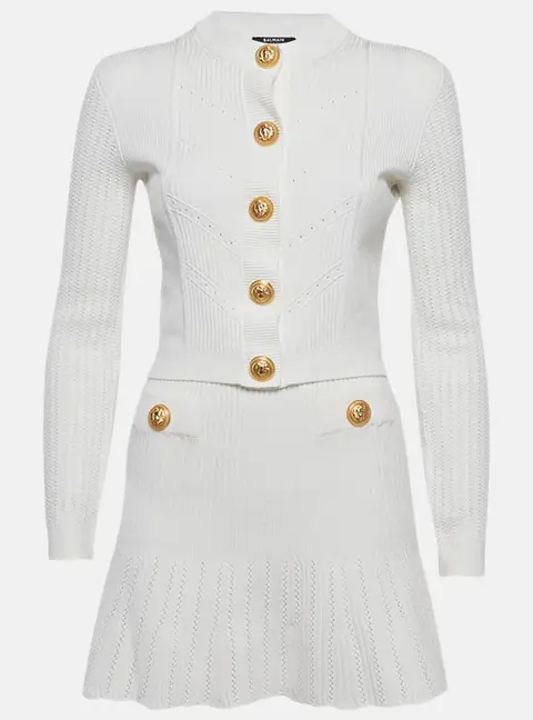 Balmain White Rib Knit Button Detail Skirt Set S