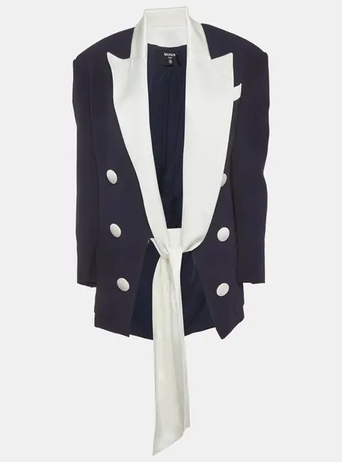 Balmain Navy Blue Crepe and Satin Collar Tie Up Blazer S