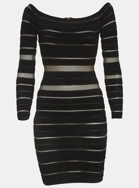 Balmain Black Sheer Striped Off-Shoulder Mini Dress S