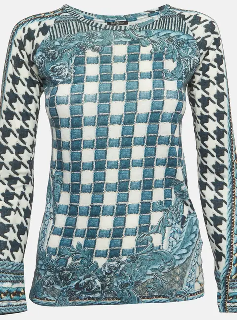 Balmain Blue Printed Jersey Top S