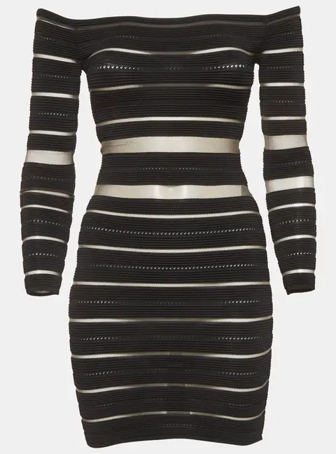 Balmain Black Striped Sheer Tulle and Knit Off-Shoulder Mini Dress S