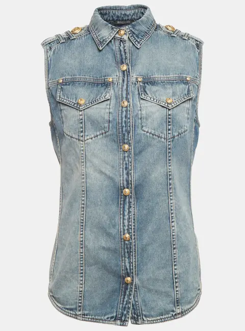 Balmain Blue Faded Denim Sleeveless Shirt M