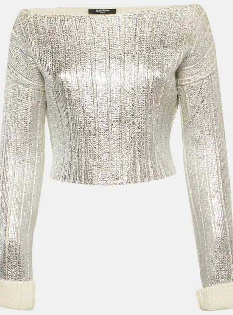 Balmain Silver Metallic Coated Rib Knit Sweater S