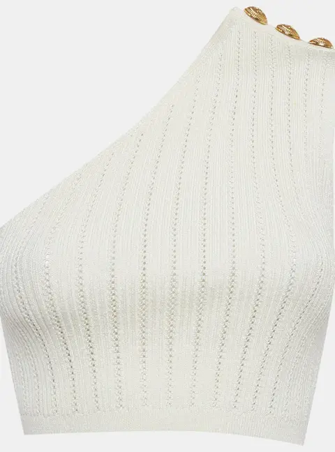 Balmain White Pointelle Knit One Shoulder Top S