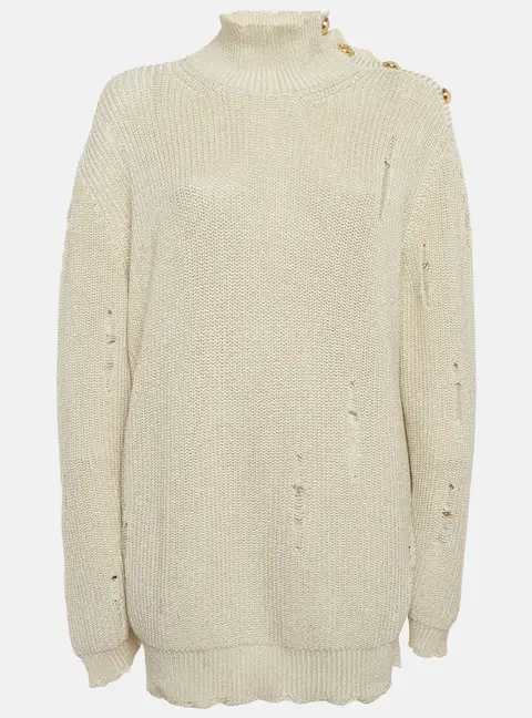 Balmain Beige Metallic Distressed Rib Knit Sweater M