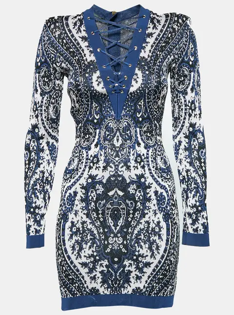 Balmain Blue Paisley Print Knit Lace-Up Mini Dress S