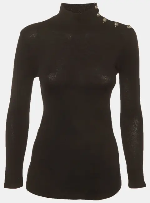 Balmain Black Wool Knit Button Detail Mockneck Jumper M
