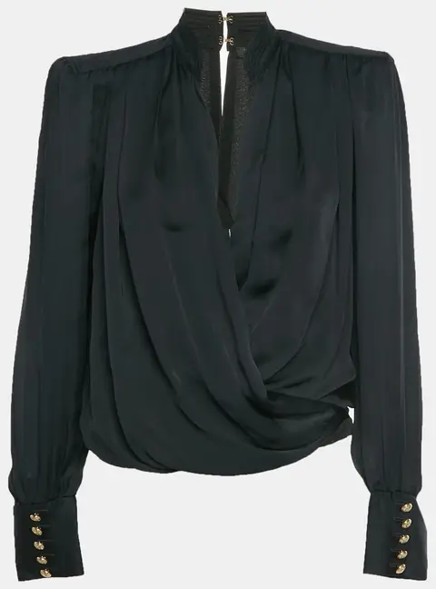 Balmain Black Satin Draped Long Sleeve Blouse S