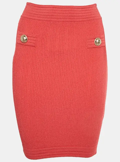 Balmain Salmon Red Rib Knit Pencil Skirt S