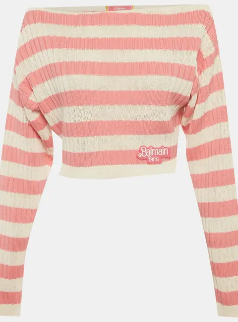 Balmain x Barbie White/Pink Striped Rib Knit Cropped Sweater S