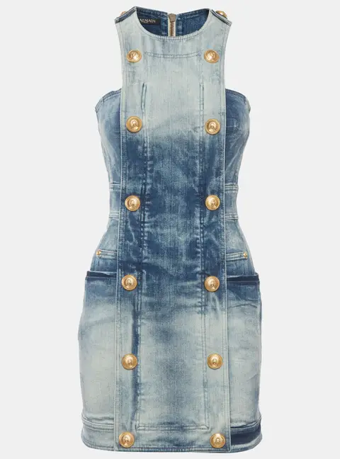Balmain Blue Faded Denim Double Breasted Mini Dress S