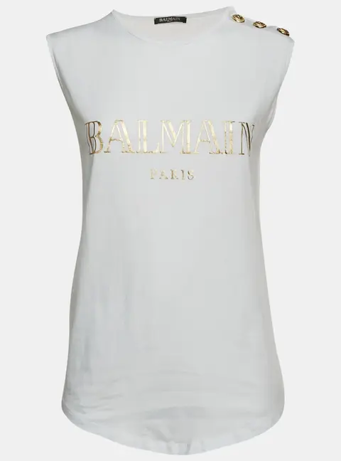 Balmain White Logo Print Cotton Knit Sleeveless Top M
