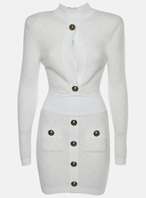 Balmain White Knit Mohair Blend Bodycon Mini Dress S