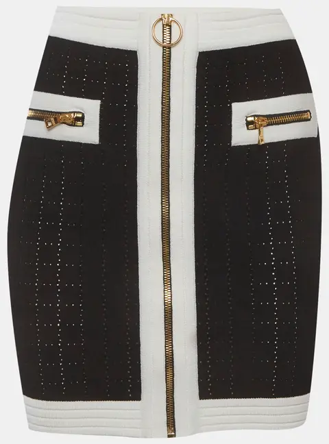 Balmain Black/White Stretch Knit Zip Up Mini Skirt S