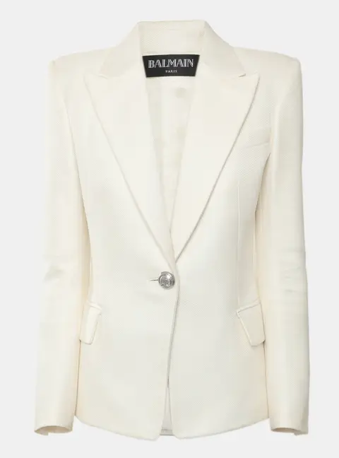 Balmain White Cotton and Silk Woven Single Breasted Blazer S