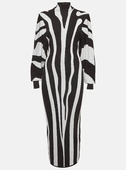 Balmain White/Black Zebra Intarsia Knit High Neck Midi Dress S
