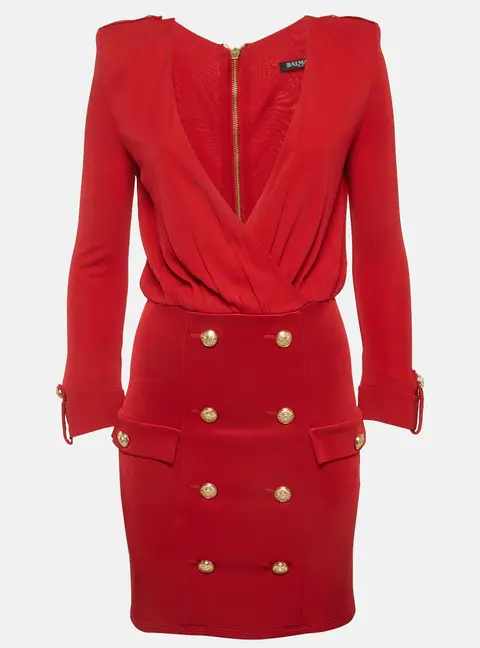 Balmain Red Jersey Plunge Neck Mini Dress M
