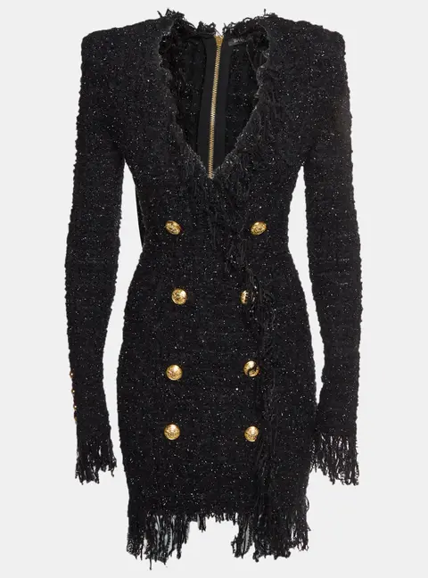 Balmain Black Metallic Boucl&eacute; Tweed Fringed Mini Dress S