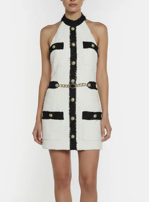 Balmain White Tweed Halter Neck Mini Dress S