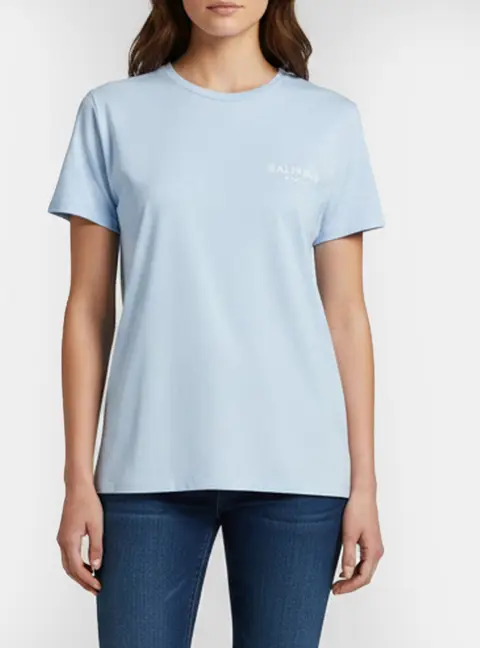 Balmain Sky Blue Logo Printed Cotton Half Sleeve T-Shirt M