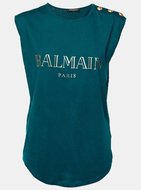 Balmain Green Logo Print Jersey Button Detail Sleeveless T-Shirt M