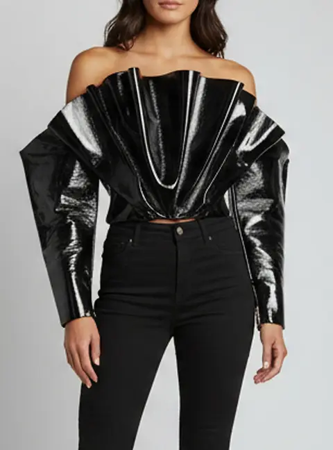 Balmain Black Coated Nylon Off Shoulder Top S