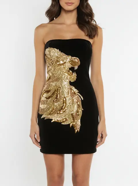 Balmain Black Velvet Lion Embossed Mini Dress M