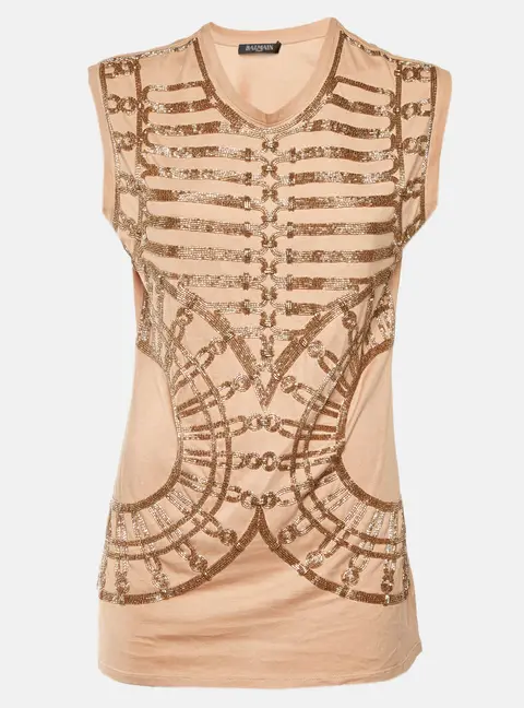 Balmain Tan Bead Embellished Jersey Sleeveless Top L