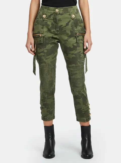 Balmain Green Camo Print Cotton Cargo Biker Trousers M