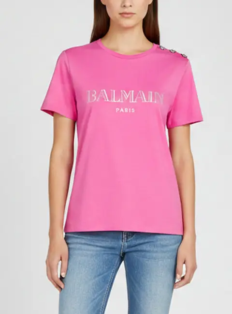 Balmain Pink Logo Print Jersey Short Sleeve T-Shirt M