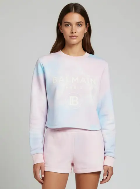 Balmain Multicolour Tie-Dye Logo Print Cropped Sweatshirt L