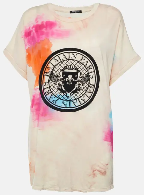 Balmain Multicolour Tie Dye Logo Crest Print Jersey Distressed T-Shirt L