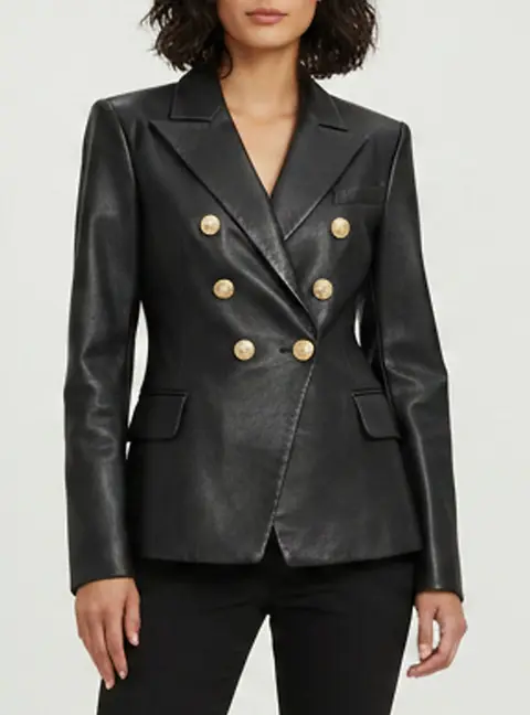 Balmain Black Leather Double Breasted Blazer S