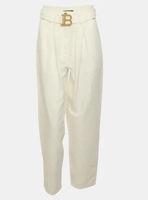 Balmain White Jacquard Belted Pants S