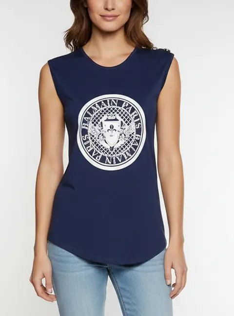 Balmain Navy Blue Logo Graphic Jersey Tank Top S